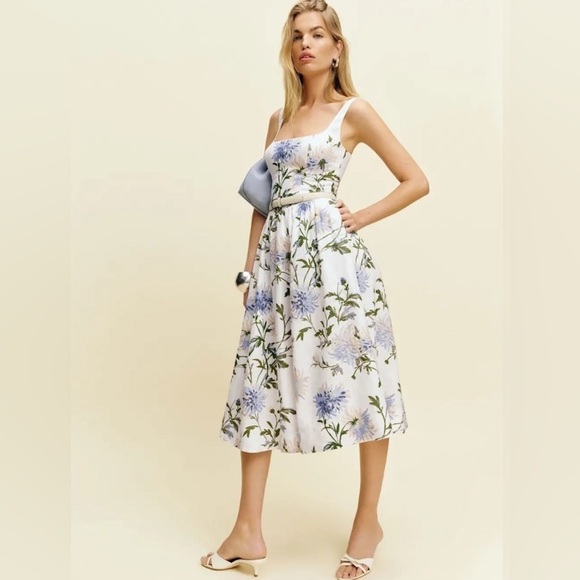 New Reformation Janu Linen Midi Dress - Serenity Blue White Floral size 4 - Picture 4 of 15